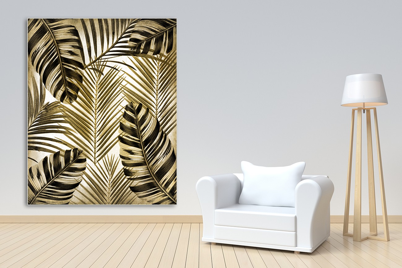 Mooie bladeren van een palmboom van Kimberly Allen met als titel Gold palm 2 op textieldoek.