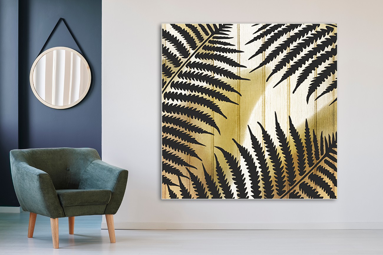 Palmboombladeren met lichte en donkere kleuren en een witte achtergrond van Kimberly Allen met als titel Tropical leaves golden 1.