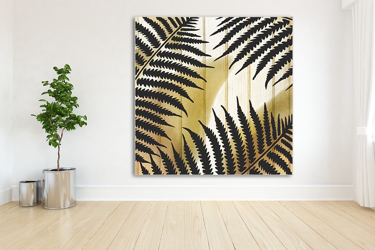 Palmboombladeren met lichte en donkere kleuren en een witte achtergrond van Kimberly Allen met als titel Tropical leaves golden 1.