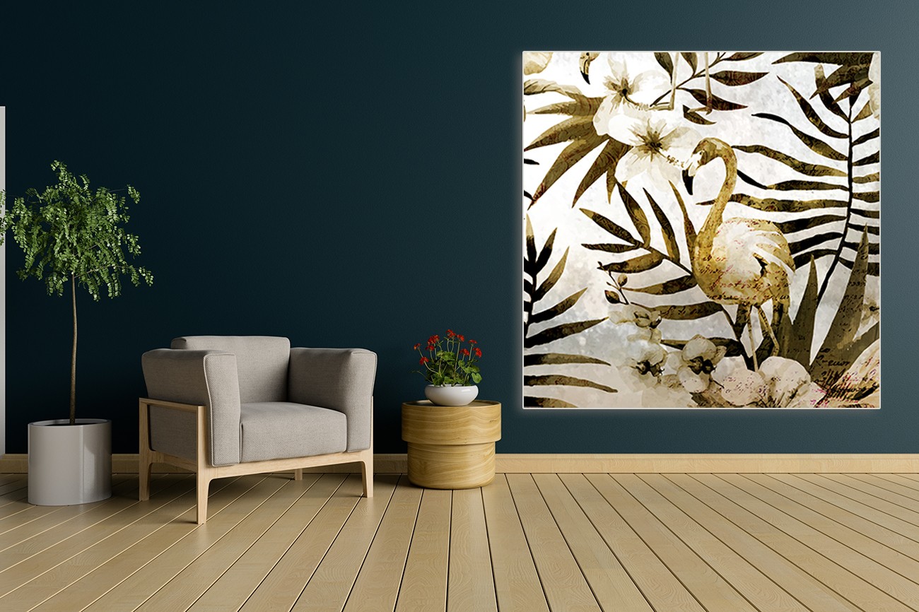 Flamingo in de natuur met mooie bladern van palmbomen van Kimberly Allen met als titel Birds of paradise 1 op textieldoek.