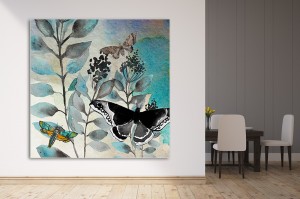 Schilderij met de kleuren wit, grijs en blauw en een prachtige vlinder die er mooi uitspringt van Boho Hue Studio met als titel Butterfly perspective 2 op textieldoek.